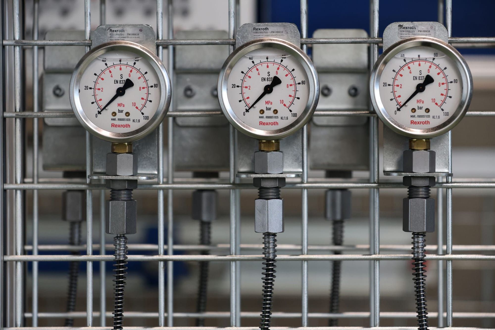 Pressure gauges mounted on an industrial panel