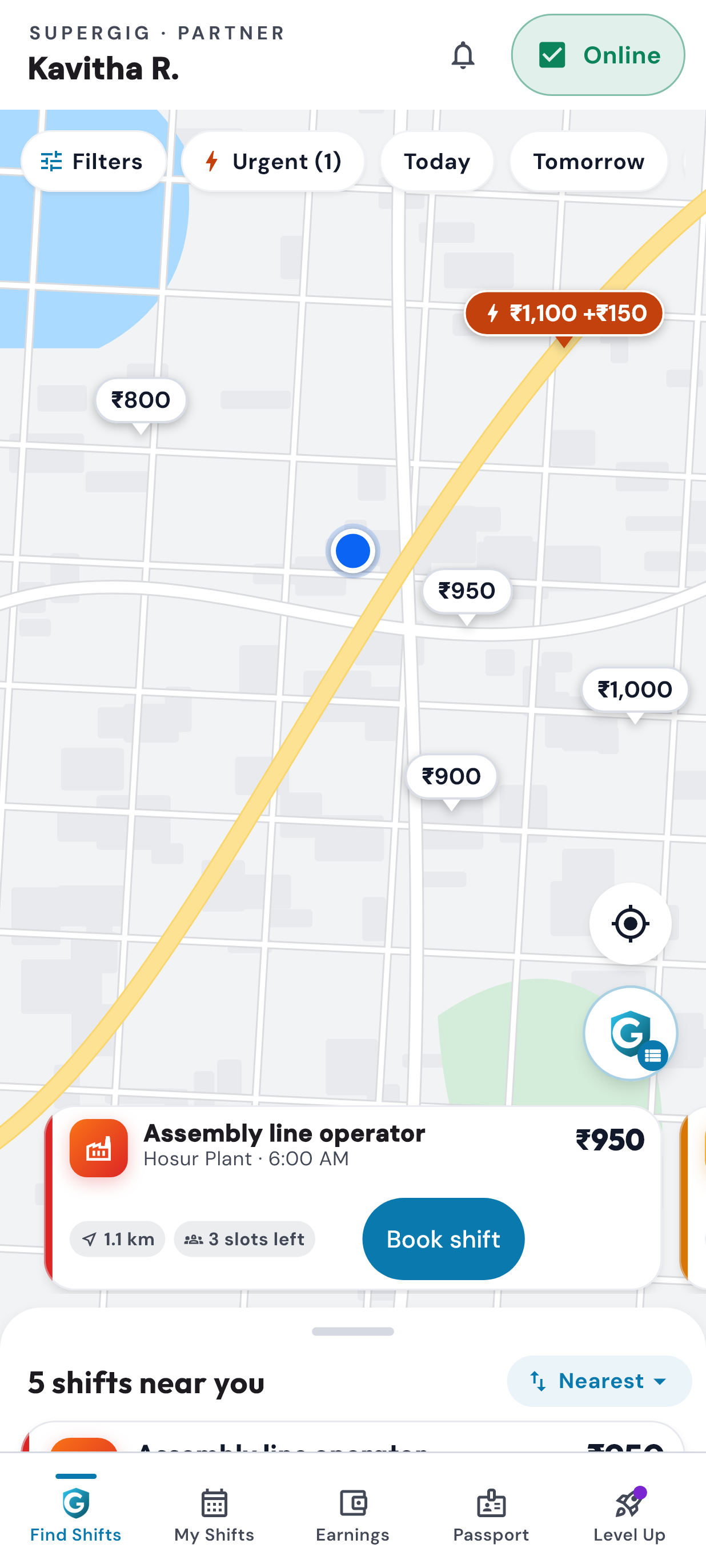 SuperGig Partner Find Shifts: a map of nearby shifts with the pay on each pin