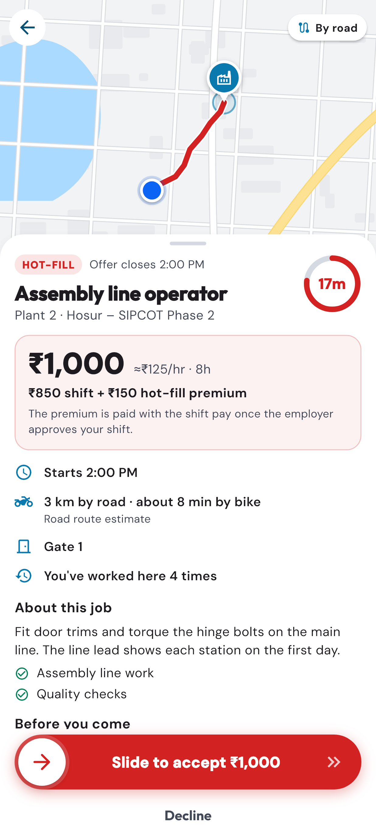 SuperGig Partner hot-fill offer: the route to the plant, a countdown, the shift pay plus the hot-fill premium, and slide to accept