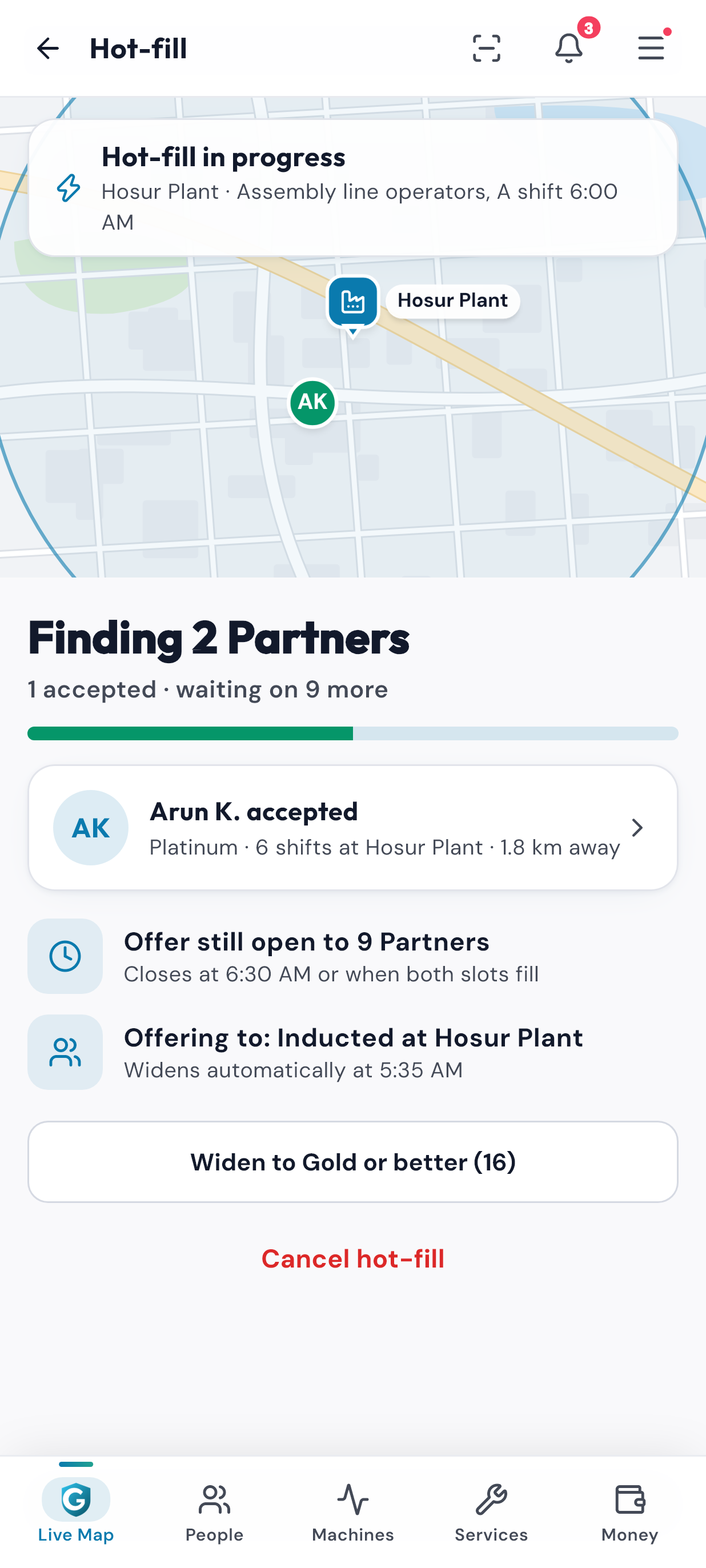 SuperGig Plant hot-fill in progress for an assembly line shift: the plant on a map inside the chosen radius, finding 2 Partners