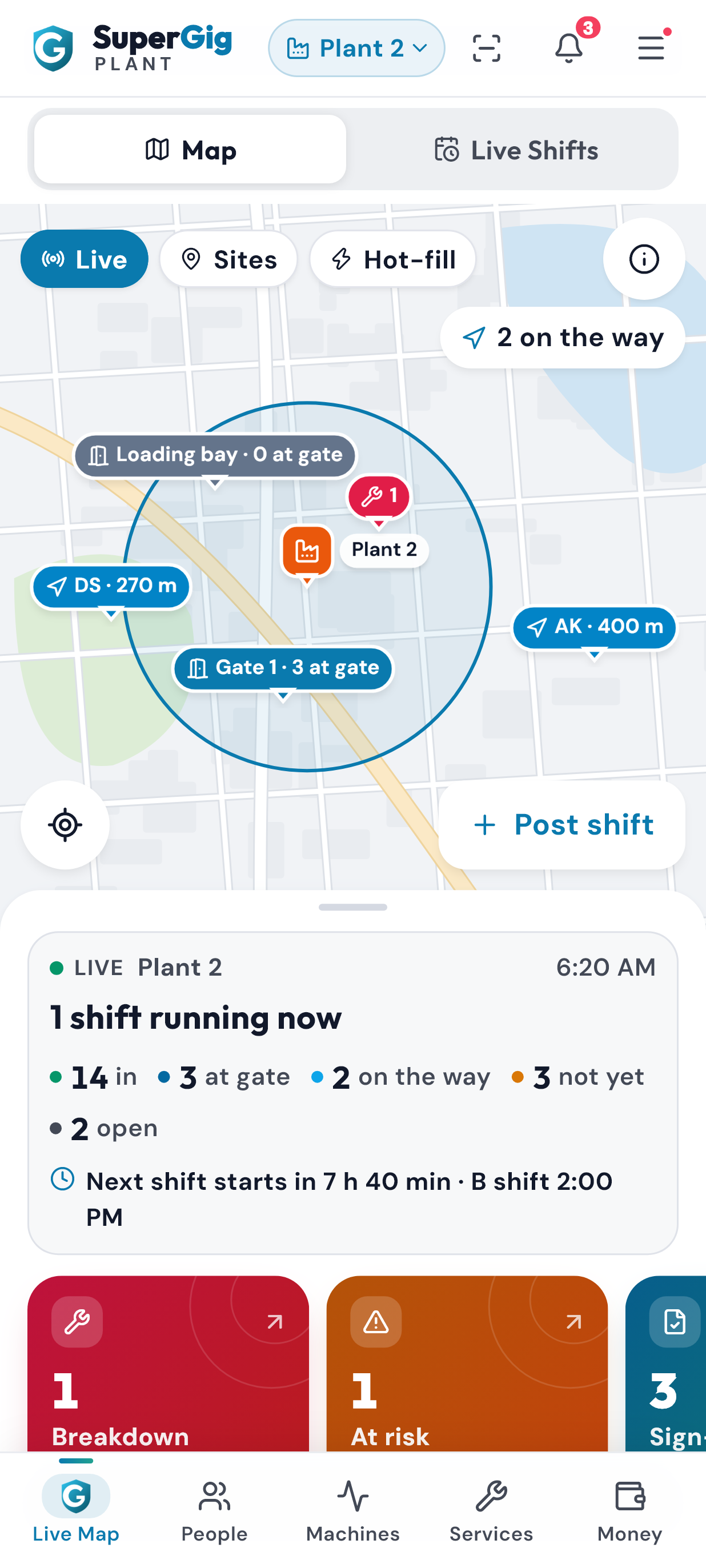 SuperGig Plant Live Map: the plant inside its geofence with its gates, Partners on the way, and a status card of who is in, at the gate, on the way and not yet
