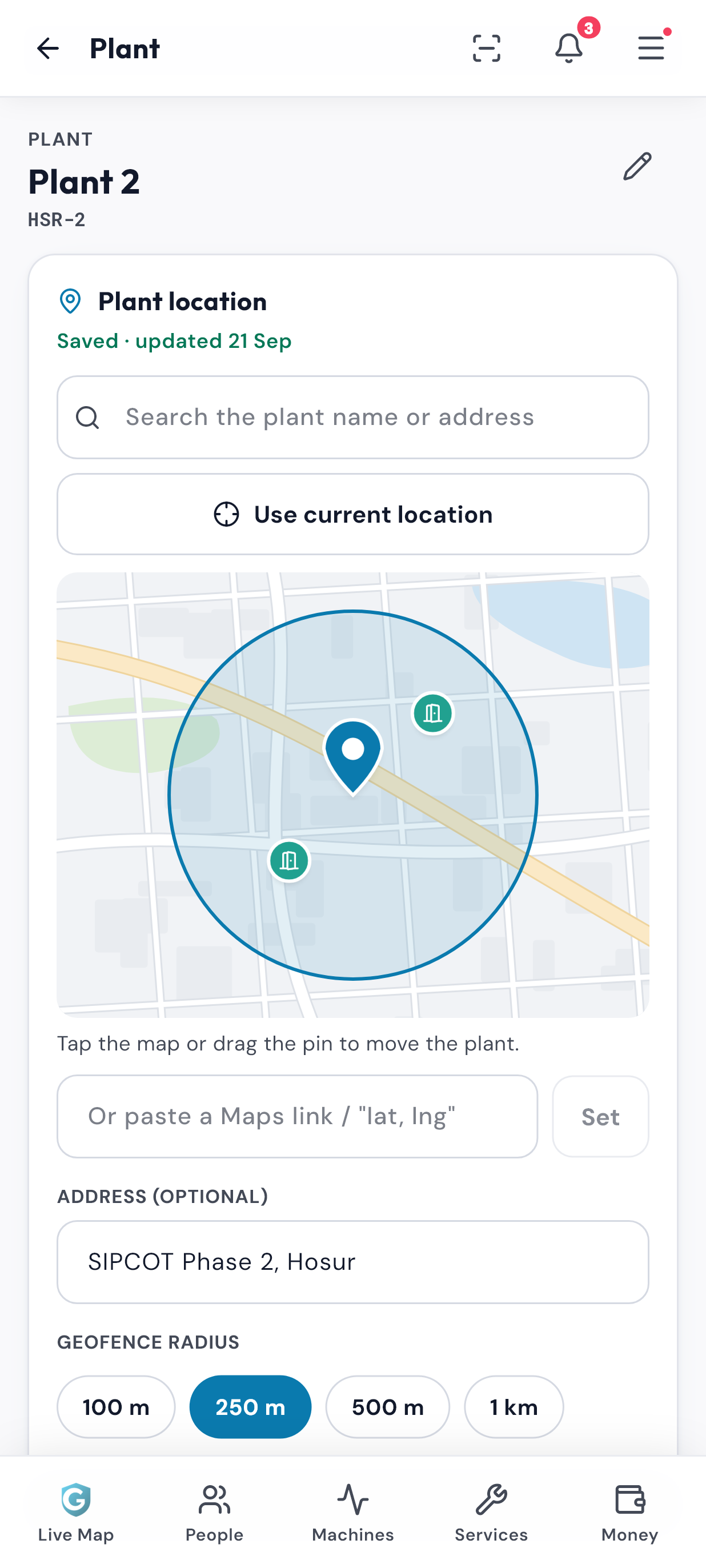 SuperGig Plant plant setup: the plant pin on the map with a 250 m geofence and the 100 m to 1 km radius choices