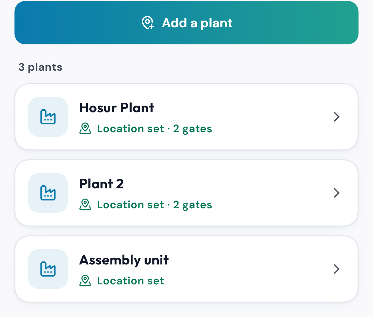 SuperGig Plant plants list: three plants with their locations and named gates set, and an Add a plant button