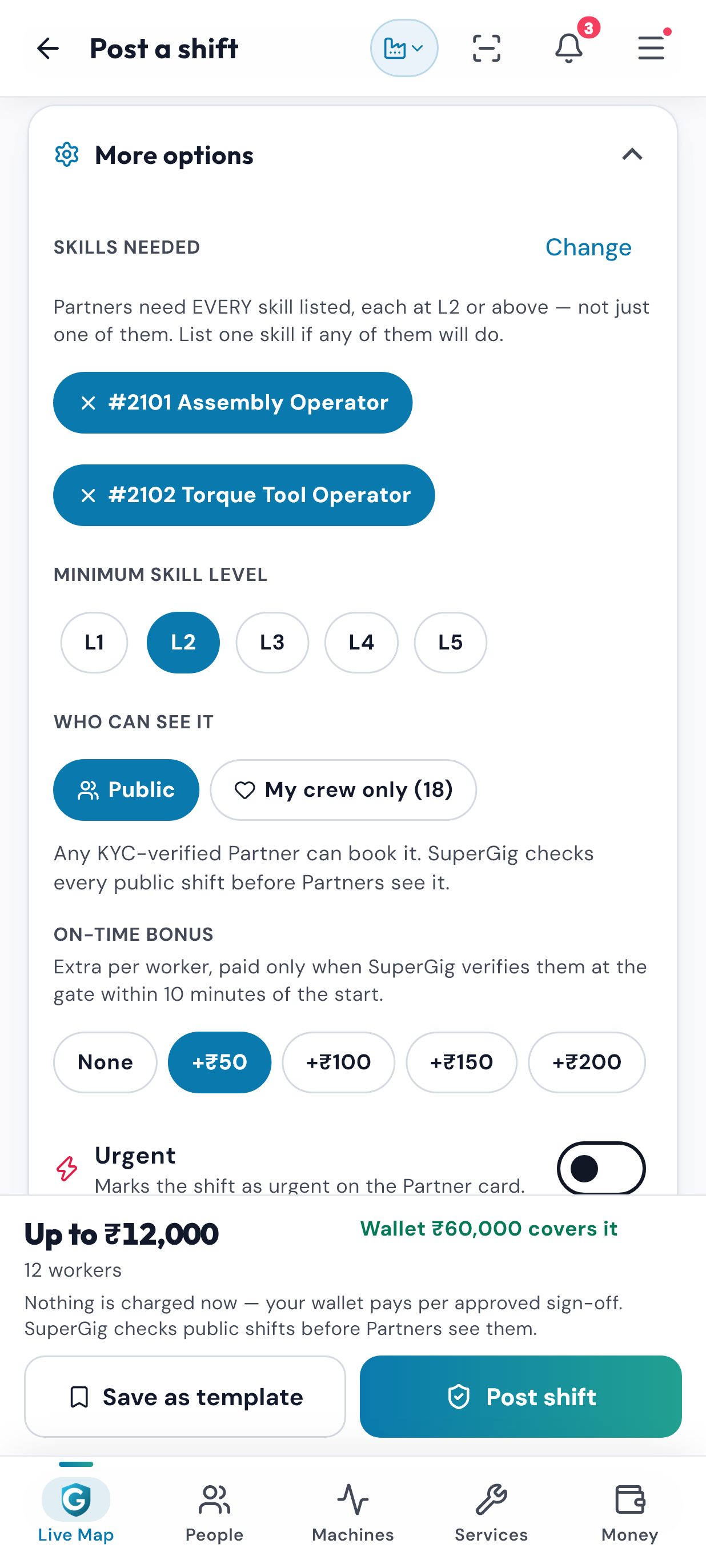 SuperGig Plant Post a shift, more options: the skills needed at a minimum level, who can see the shift, and the on-time bonus