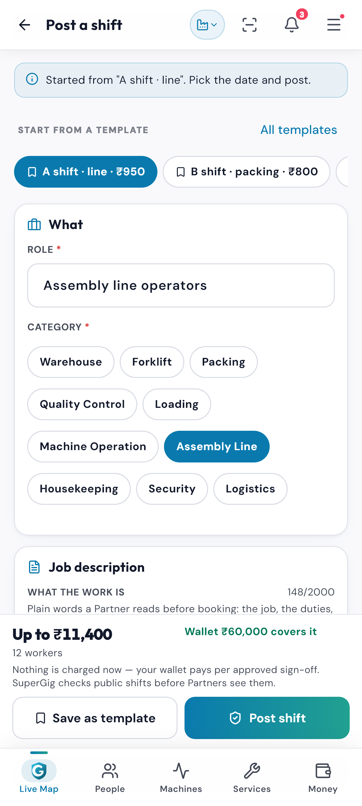 SuperGig Plant Post a shift: a template, the role and the ten shift categories