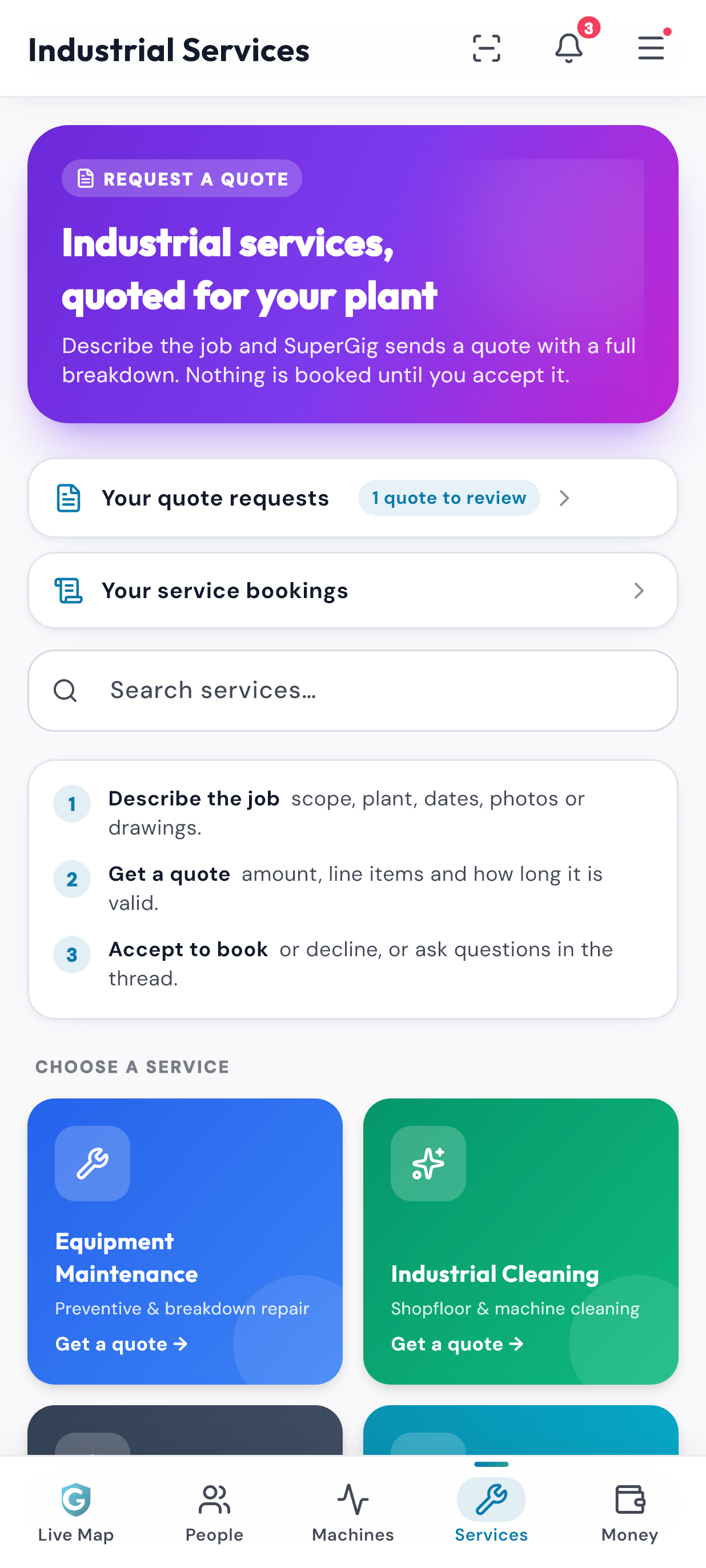SuperGig Plant Services tab: request a quote, your quote requests and bookings, and the services to choose from